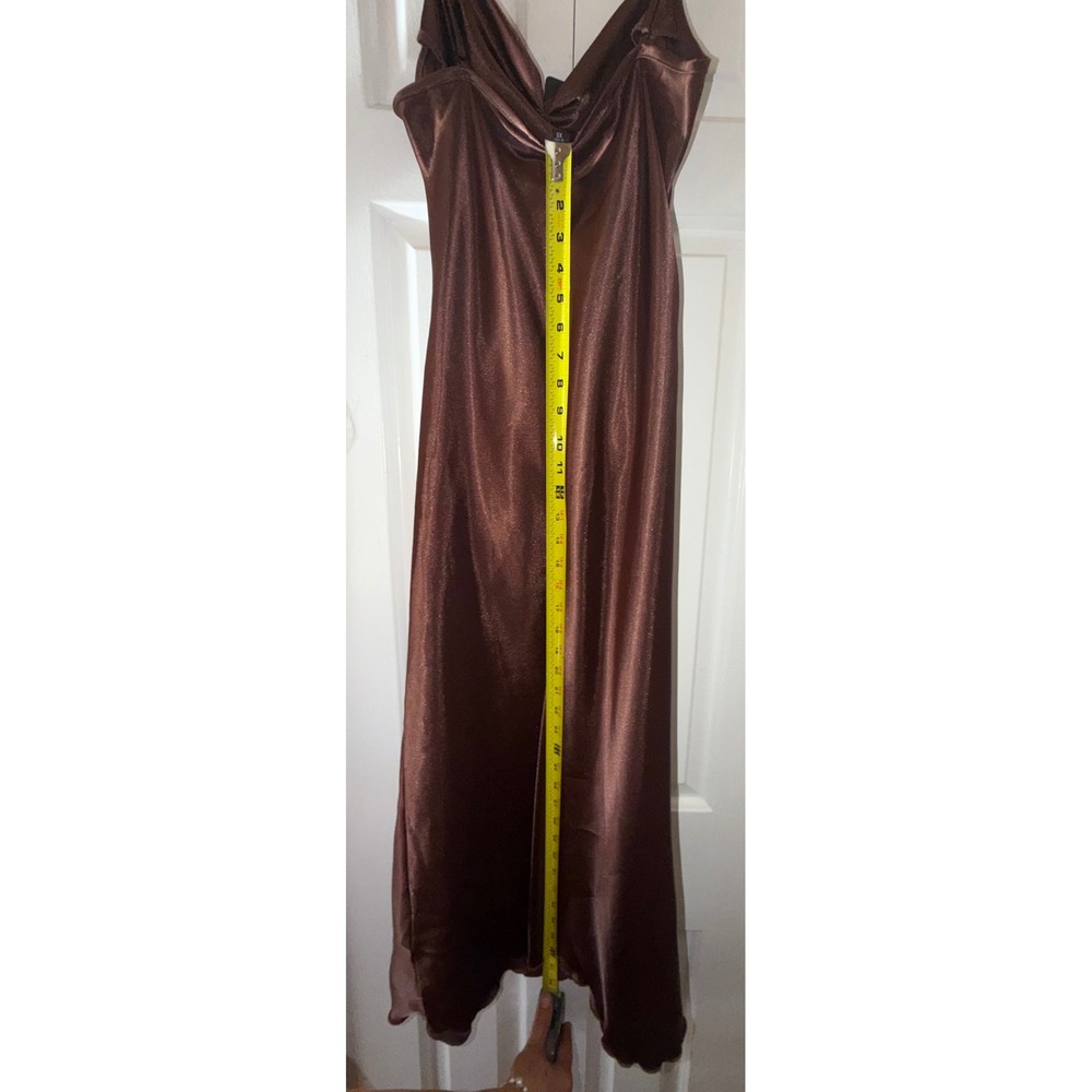 Bebe Women Brown Satin Cowl Neck Ruched Midi Dress - Picture 6 of 8